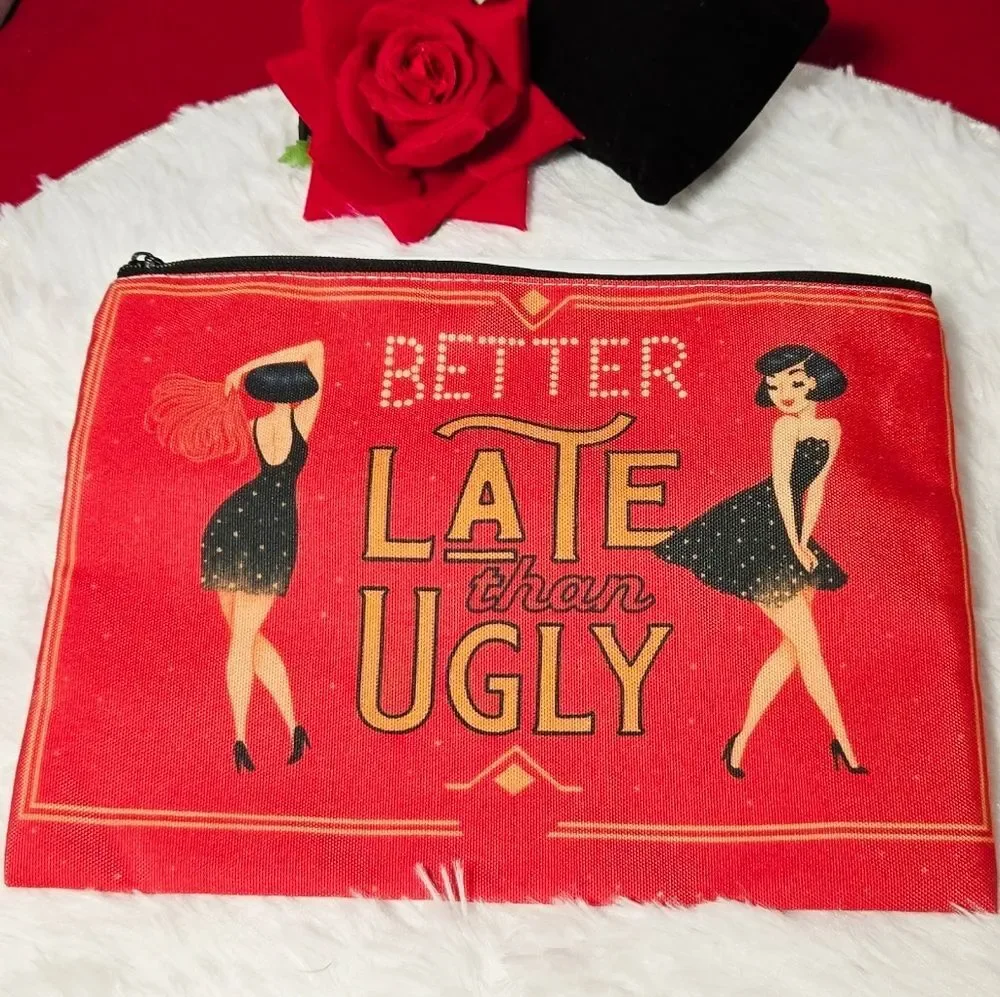 “Better Late Than Ugly” Makeup Bag Red Flapper Girls Retro Funny Zipper Pouch